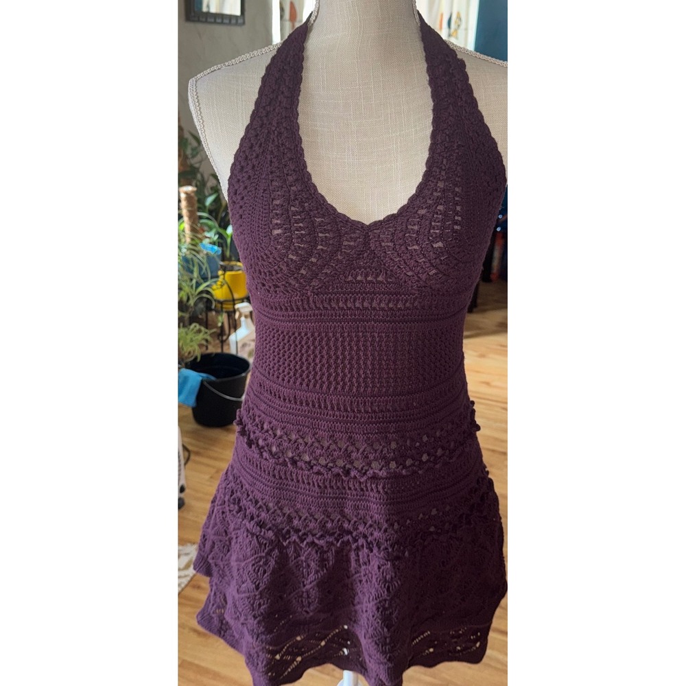 Moda International Purple Crochet Halter Top Tiered Ruffle Hem Boho Festival M - Picture 1 of 7